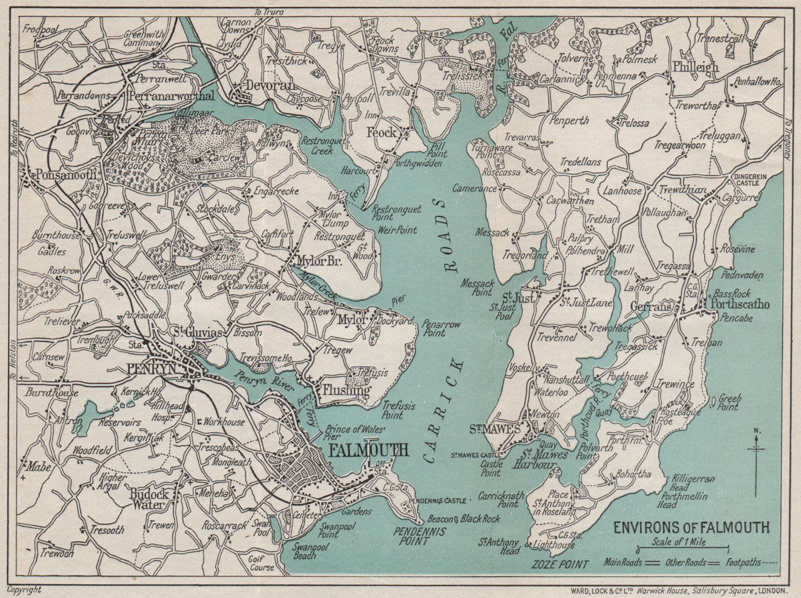 FALMOUTH environs. Carrick Roads Penryn St Mawes. Cornwall. WARD LOCK 1937 map